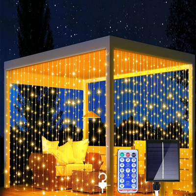 Слънчеви LED светлини от връв с ледена висулка Коледна завеса Фея Светлини Гирлянд Дистанционно Външно за Нова година Сватба Улица Празничен декор