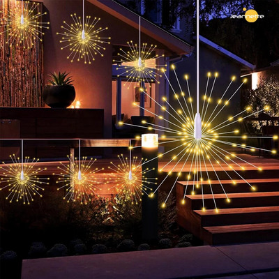 Окачена слънчева фойерверкова светлина 90/120/150/200 Led Star Burst Light Външна водоустойчива 8 режима Eave Garden Tree Коледен декор