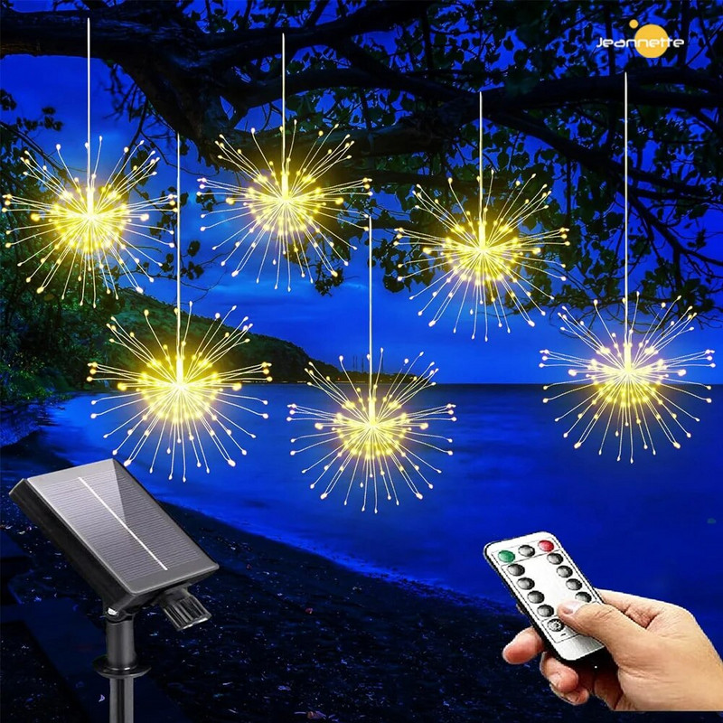 Pakabinamas saulės fejerverkų apšvietimas 90/120/150/200 Led Star Burst Light lauko vandeniui atsparus 8 režimų karnizo sodo eglutės kalėdinis dekoras