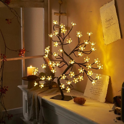 48 LED нощна лампа Cherry Blossom Crystal Flower Топло бяла настолна лампа с USB управление за домашно парти, спалня, сватбен офис декор