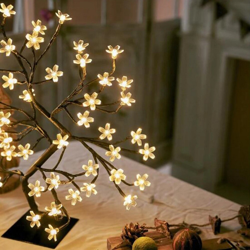 48 LED vyšnių žiedų nakties šviesos krištolinė gėlė šiltai balta stalinė lempa USB, skirta namų miegamojo vakarėliui, vestuvių biuro dekoravimui