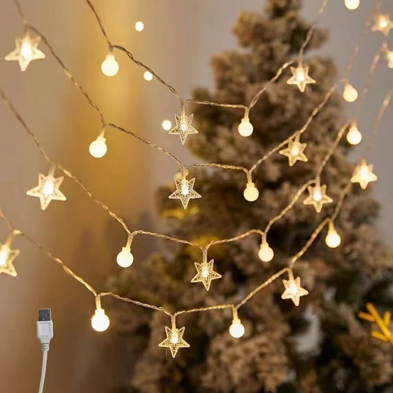 3M/6M/10M LED húr csillag hópehely golyófüzér karácsonyi lámpák USB/elemes vízálló tündérfények gyomláló dekoráció