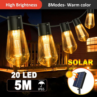 LED saulės šviesos stygos IP65 vandeniui atsparios lauko kalėdinės dekoracijos saulės lempa Retro atostogų girlianda sodo vestuvių vakarėlio fėja lempa