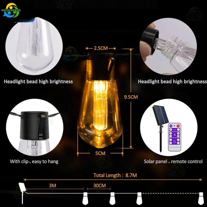 LED saulės šviesos stygos IP65 vandeniui atsparios lauko kalėdinės dekoracijos saulės lempa Retro atostogų girlianda sodo vestuvių vakarėlio fėja lempa