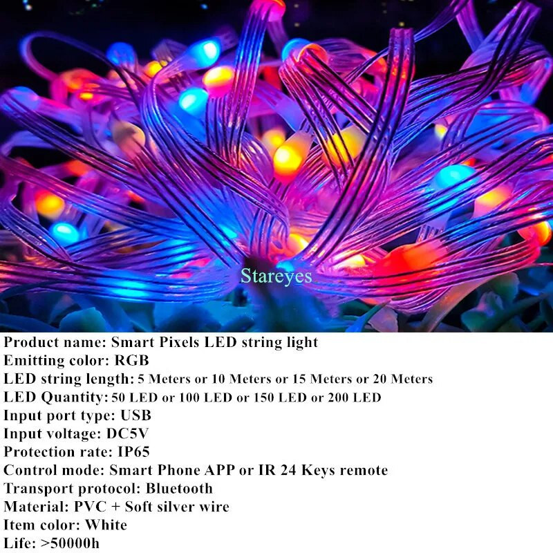 Intelligens WS2812B IC USB DC5V RGB 5m 10m 15m 20m LED string Light Bluetooth APP IR távirányító Varázslatos színes barkács kijelző karácsonyi dekoráció