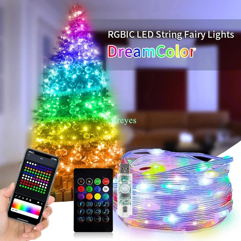 Intelligens WS2812B IC USB DC5V RGB 5m 10m 15m 20m LED string Light Bluetooth APP IR távirányító Varázslatos színes barkács kijelző karácsonyi dekoráció