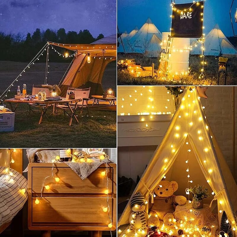 2M 5M 10M Cherry Balls LED Fairy String Lights Elemes USB-vel működő füzér szilveszteri esküvői karácsonyi dekoráció kültéri szoba