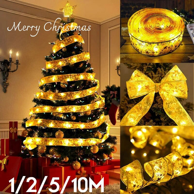 Коледна украса LED панделка Приказни светлини Наниз X-mas Tree Орнаменти за дома 2023 Направи си сам лъкове Navidad Нова година 2024