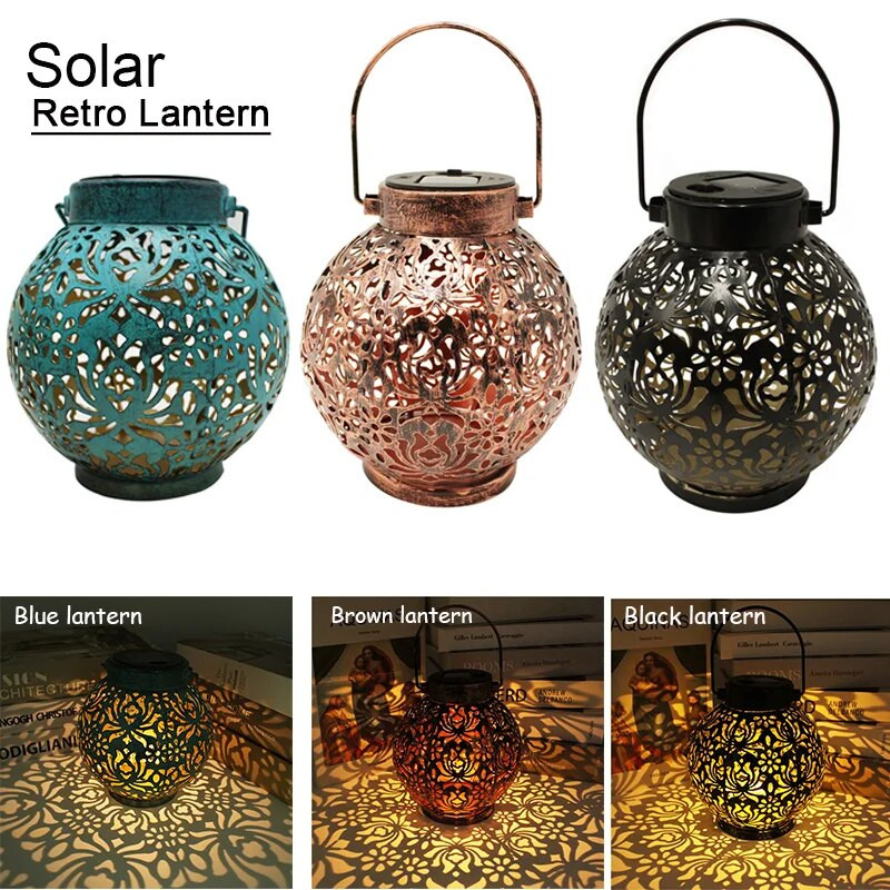 Solar Iron Lantern Retro Solar Lamp Garden Hollowed Out Forest Shadow Lantern Κρεμαστό φωτιστικό Φωτισμός Οριζόντιος εξωτερικού χώρου