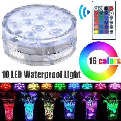 Lumină submersibilă cu 10 LED-uri cu telecomandă, lampă de noapte subacvatică alimentată cu baterii pentru vază de piscină, bol, decorare pentru petrecerea de nuntă