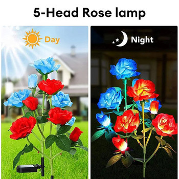 Слънчеви светлини с 5 глави Външни декоративни слънчеви градински светлини Розови цветя Лампа за морава за двор, двор, градински декор