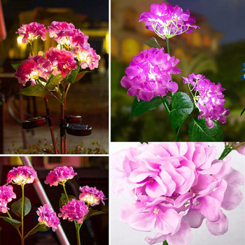 3Head Hydrangea Rose Flower Solar Led Light Λάμπες γκαζόν εξωτερικού χώρου κήπου για κήπο με φυτικά μπαλώματα Διακόσμηση Αίθριου εξοχικής κατοικίας