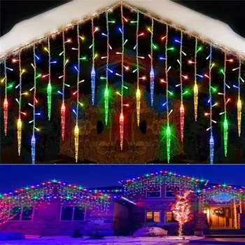 4M LED завеса Icicle Коледна светлина Фея Струнни светлини Гарланд Водопад Външна градинска декорация за улични стрехи Вътрешен двор