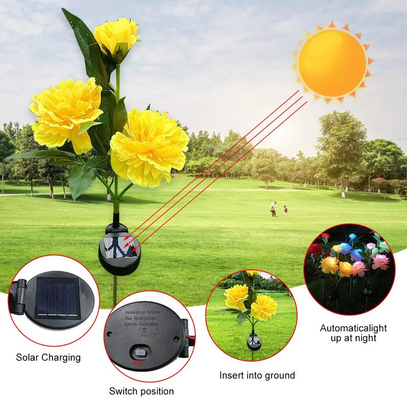 Solarna svjetiljka za cvijet božura, kreativna vrtna svjetiljka, vanjska vodootporna svjetiljka za pejzaž, simulacija cvjetnog svjetla za uređenje travnjaka u dvorištu