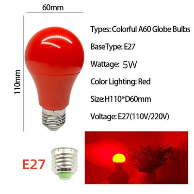 Colorul Led Light Bule Bar Light E27 B22 5W Lempa AC 220V 110V Raudona Mėlyna Žalia Geltona Bombillas Lampara Barui KTV Vakarėlio lemputės