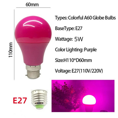 Colorul Led Light Bule Bar Light E27 B22 5W Lempa AC 220V 110V Raudona Mėlyna Žalia Geltona Bombillas Lampara Barui KTV Vakarėlio lemputės