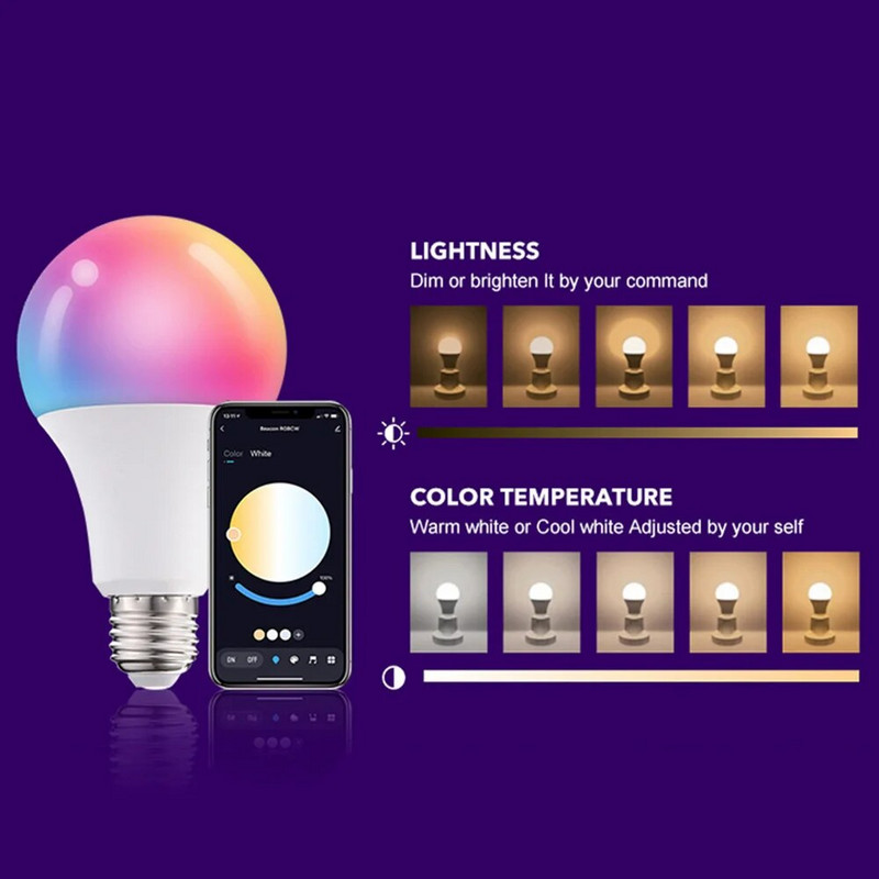 E27 išmaniosios lemputės Bluetooth LED lemputė Smart Life APP valdymas reguliuojamas 10W AC85-265V RGB+CCT spalvų keitimo lempa Darbas su Tuya