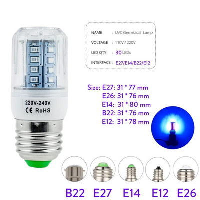 UV germicidna lampa B22 E26 E27 E12 E14 Led UVC žarulja za kukuruz Dezinfekcija Sterilizator LED svjetla bez ozona Kućna Čist zrak Bakterije