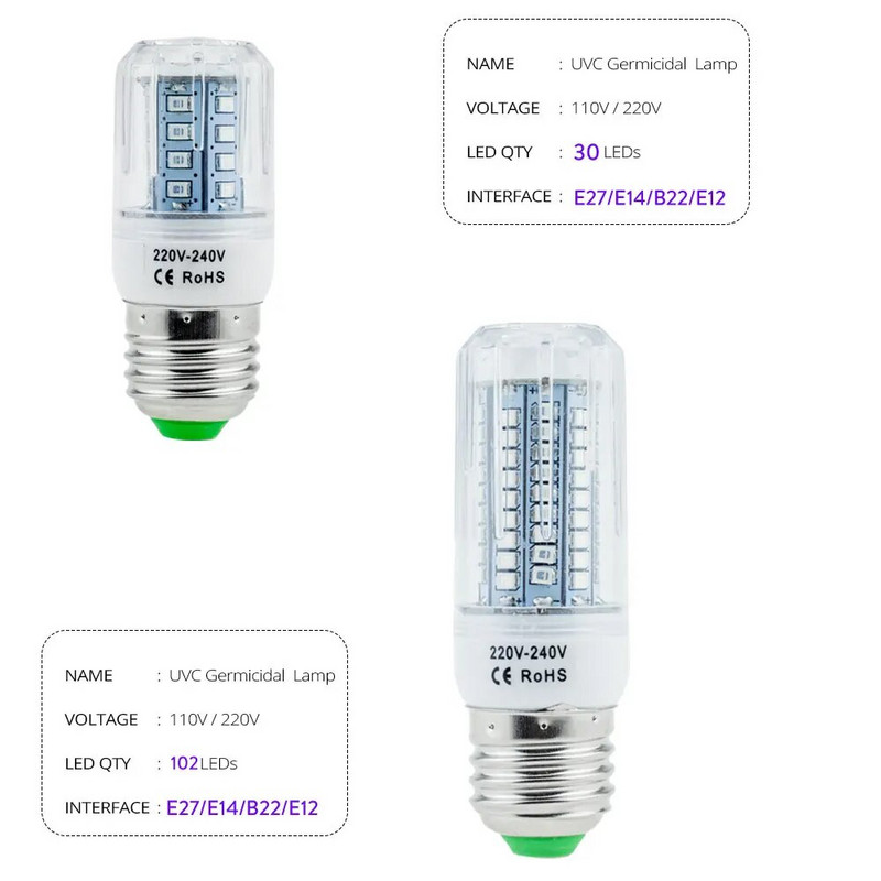 UV бактерицидна лампа B22 E26 E27 E12 E14 Led UVC крушка за царевица Дезинфекция Стерилизатор LED светлини без озон Начало Чист въздух Бактерии