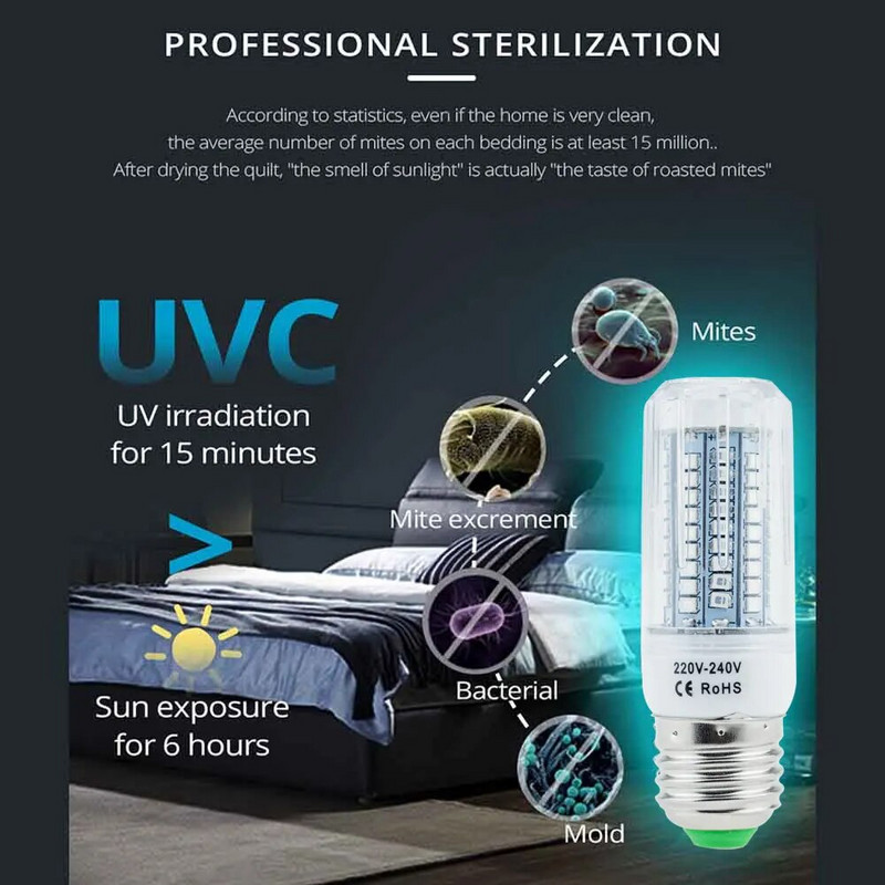 UV бактерицидна лампа B22 E26 E27 E12 E14 Led UVC крушка за царевица Дезинфекция Стерилизатор LED светлини без озон Начало Чист въздух Бактерии