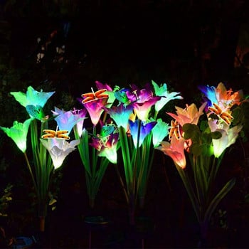 3 Head Led Solar Lily Flower Butterfly Dragonfly Φωτιστικό κήπου 7 Φωτισμός αλλαγής χρώματος Lily Rose Light Φωτιστικό γκαζόν Οριζόντια διακόσμηση