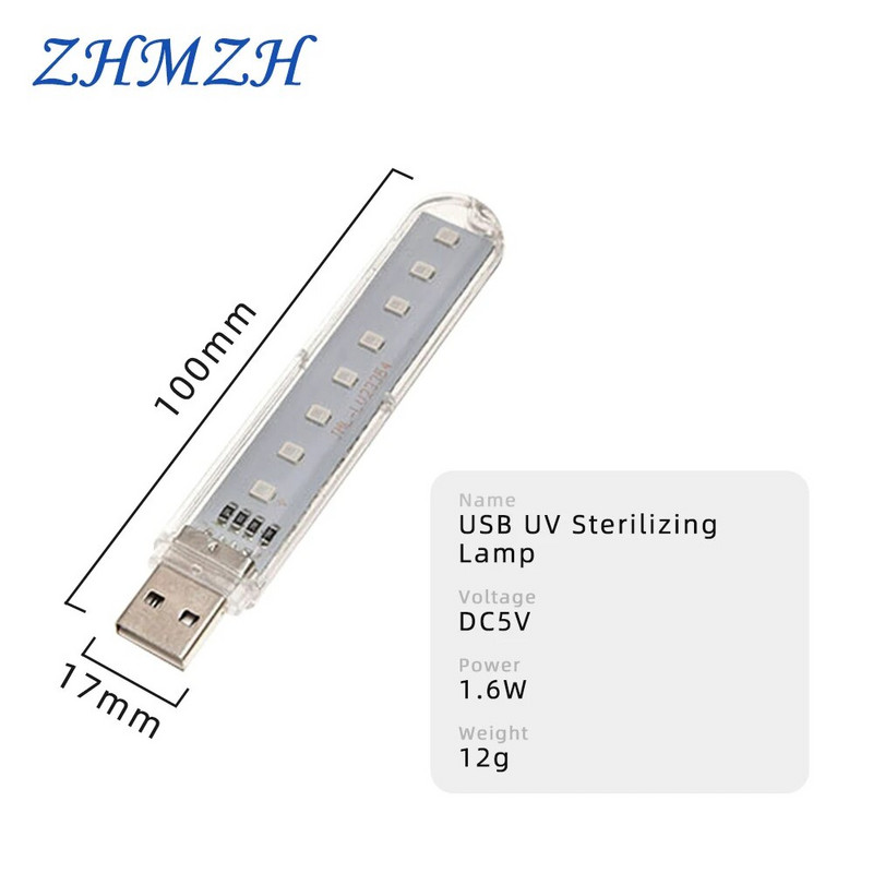 8 LED Mini UVA hordozható USB csíraölő lámpa 1,6W fertőtlenítő lámpák 12g UV lámpák fertőtlenítő fény baktériumölő DC5V