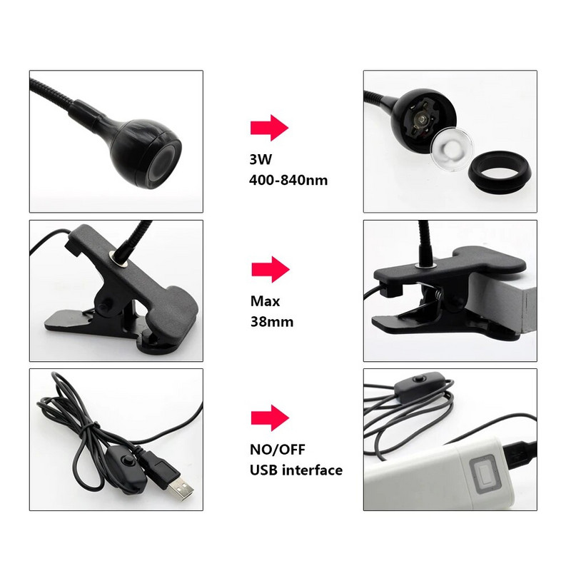 USB ultravioletinė kietėjimo lempa LED juodos šviesos žąsies kaklo lemputė su gnybtu UV šviesos šviestuvu Juodos šviesos lempa dėmių aptikimui