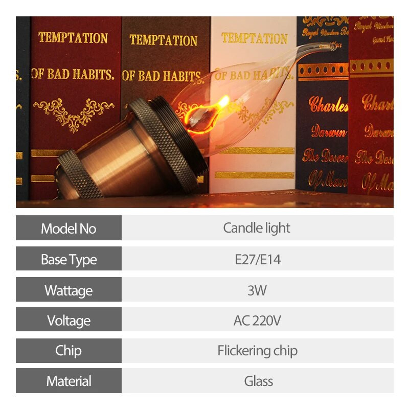 LED žvakių lemputės mirgėjimo liepsna E14 E27 Edison emuliacijos ugnies apšvietimas vintage 3W AC220V uodegos retro dekoro energiją taupanti lempa