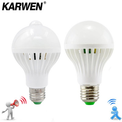 KARWEN Smart Sound/ PIR Motion Sensor Bombillas LED Izzó E27 3W 5W 7W 9W 12W Indukciós lámpa AC 220V Lépcső folyosói világítás