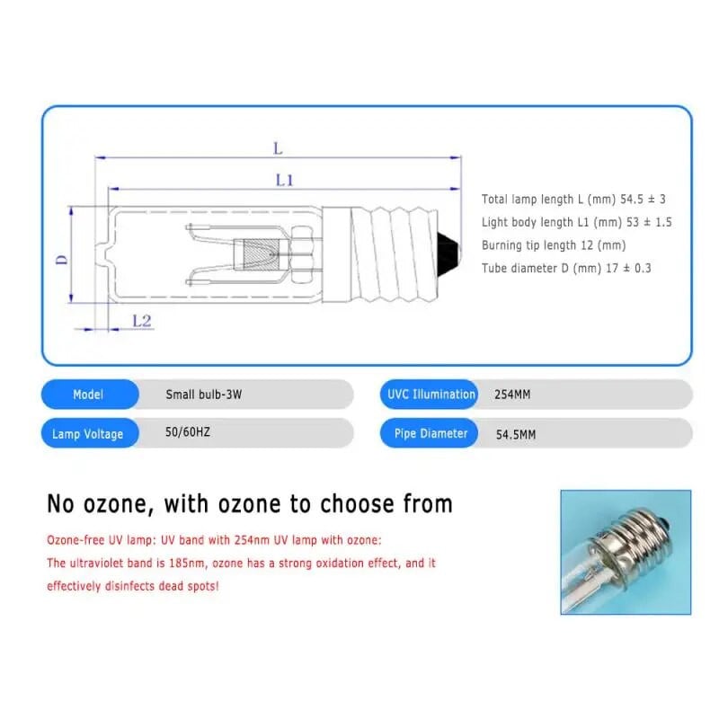 E17 UVC UV ozono dezinfekavimo lempa erkių naikinimo lempa (su ozono modeliu) 3W kvarco akmens stiklo LED lemputė 110v 220v