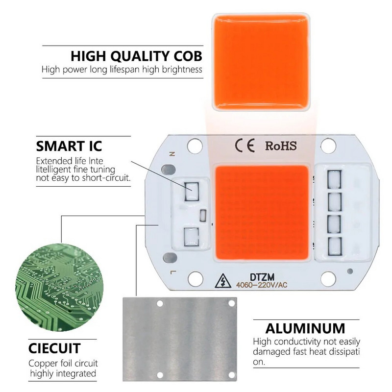 220 V LED lustas 10 W 20 W 30 W 50 W COB lustas Nereikia tvarkyklės išmaniojo IC LED lempos karoliuko, skirto potvynių prožektorių augalų šviesai pasidaryk pats apšvietimui