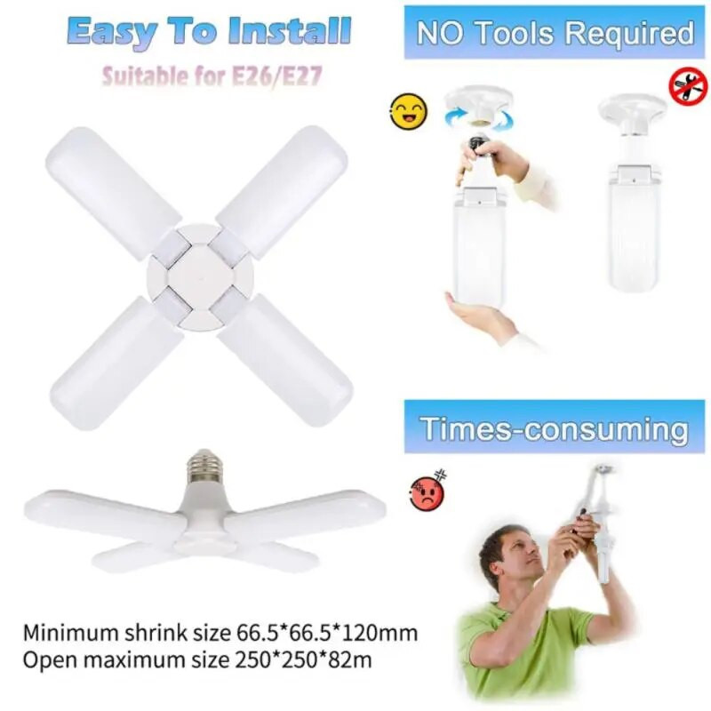 E27 LED lemputės ventiliatoriaus mentės lemputė Garažo žibintai Reguliuojami skydai AC170-265V 30W sulankstoma LED lemputė, skirta namų lubų šviesai