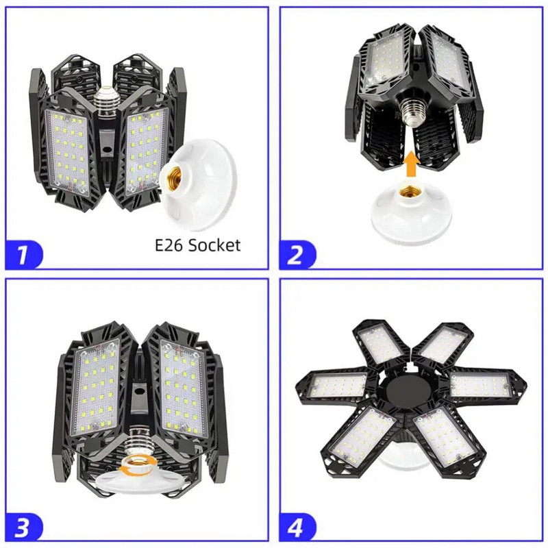 E26/E27 LED garažo šviestuvai su 6 reguliuojamomis plokštėmis Lubų darbo lempa sandėliavimui/sandėliams dirbtuvėms Pramoninis apšvietimas