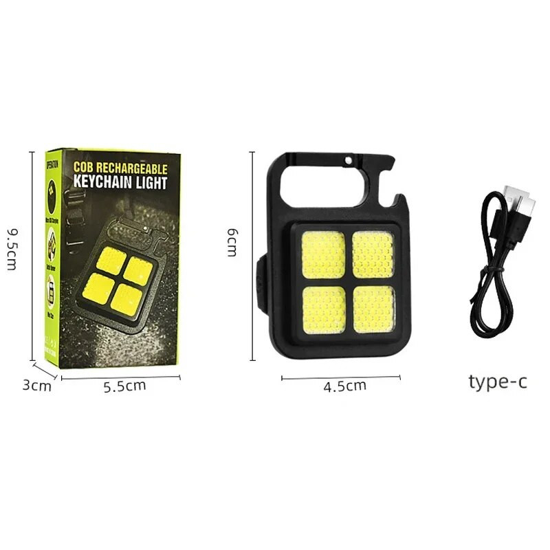 Mini raktų pakabukas, USB įkraunamas nešiojamas kišeninis žibintuvėlis COB darbo šviesos butelių atidarytuvas lauko avariniai stovyklavimo žibintai