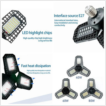 2бр./лот LED гаражна лампа 40W 60W 80W Деформируема светлина 110-220V Силно студено/топло бяла LED крушка с регулируем ъгъл за работилница