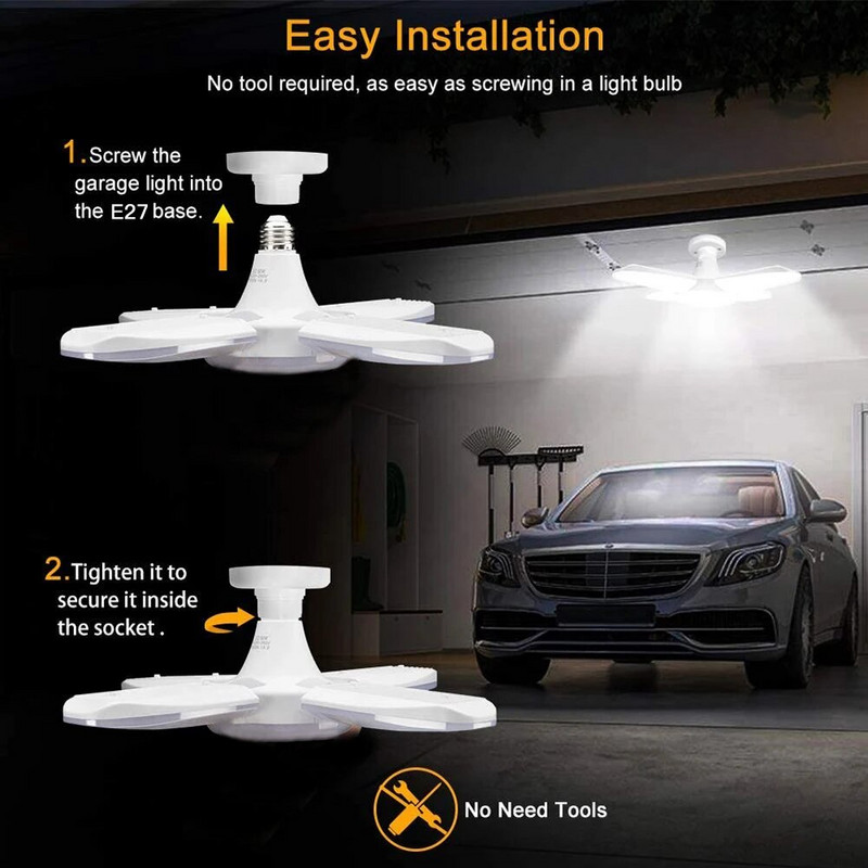 38W LED garažo šviestuvai 4 reguliuojami ventiliatoriaus mentės deformuojamos dirbtuvės sandėlio lubų apšvietimas 6500K AC85-265V sulankstoma ventiliatoriaus lempa