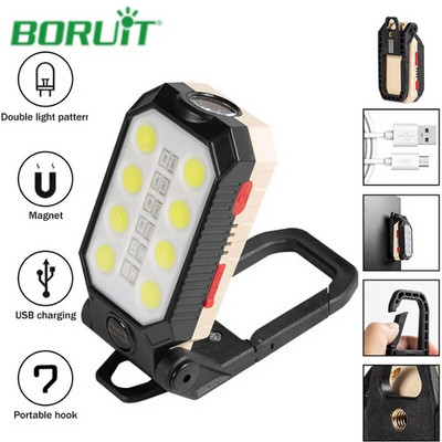 BORUiT Super Bright COB LED zibspuldze USB uzlādējams kabatas lukturītis pārnēsājams kempinga laternas darba gaisma ūdensizturīgs avārijas lukturis