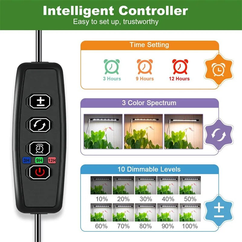 LED rasvjeta za rasvjetu unutarnjih biljaka Fito lampa punog spektra s prigušivim mjeračem vremena Sadnice Povrće Lampa za uzgoj cvijeća Podesiva visina