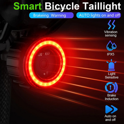 C2 Нов велосипед Smart Auto Brake Sensing Light Водоустойчив LED зареждане Колоездене Задна светлина Предупредителна задна светлина за велосипед Задна светлина на велосипед