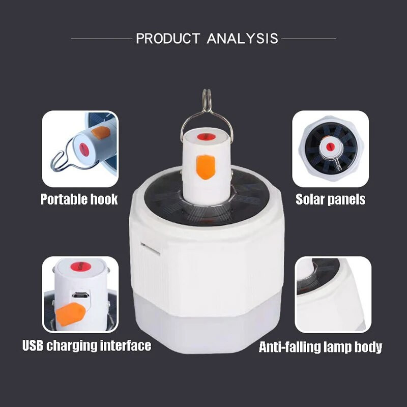 Prijenosna USB punjiva LED svjetiljka Žarulje Solarna svjetiljka Vanjsko svjetlo za šator Svjetlo za kampiranje Vodootporno noćno svjetlo za hitne slučajeve Lanterna