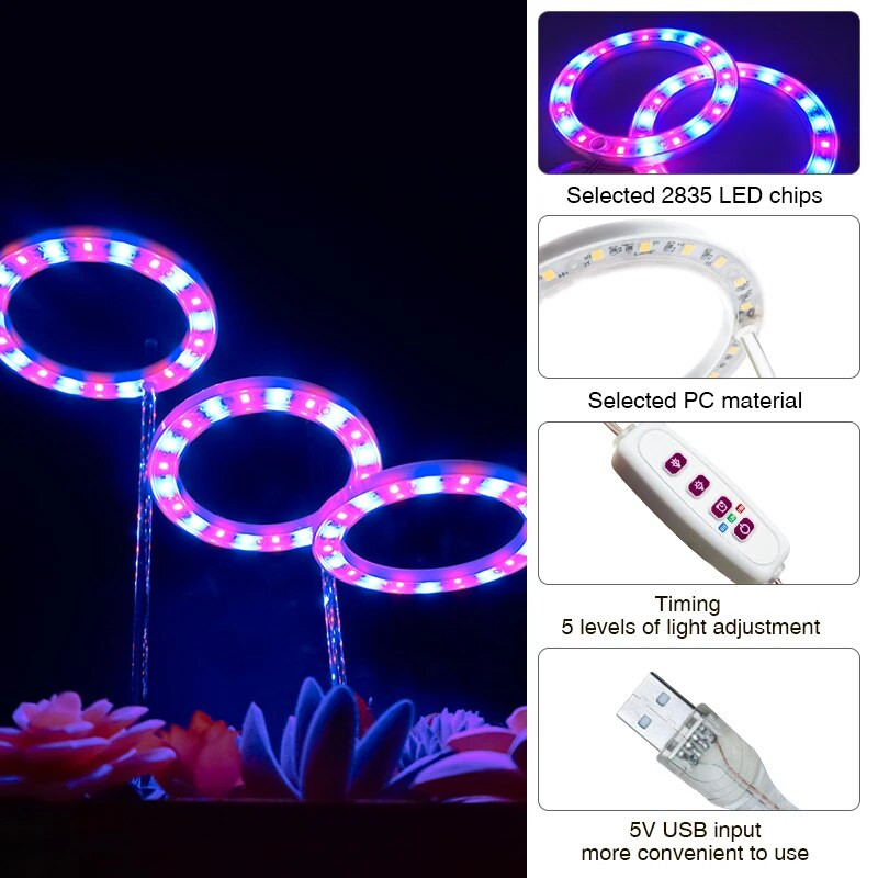 Led anđeoski prsten Svjetlo za uzgoj biljaka DC5V USB fitolampa za biljke Led svjetiljka punog spektra za sobne sadnice Kućni cvjetni sukulet