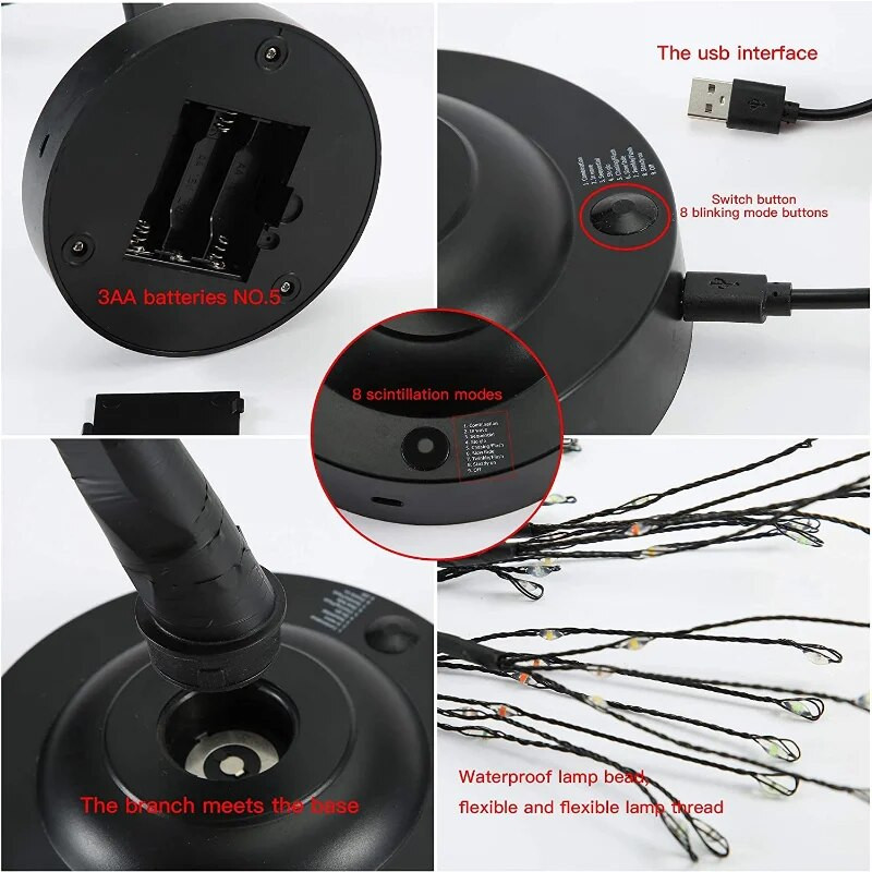 Νυχτερινό φωτιστικό LED Νεράιδα Φωτιστικό δέντρου 8 Λειτουργίες USB & Λειτουργεί με μπαταρία Νυχτερινό φωτιστικό Χριστουγεννιάτικο Υπνοδωμάτιο Διακόσμηση Δωμάτιο Γάμου