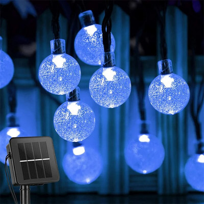 Napelemes lámpafüzéres kültéri 60 LED-es kristálygömb lámpák 8 üzemmóddal, vízálló napenergiával működő teraszvilágítással kerti parti dekorációhoz