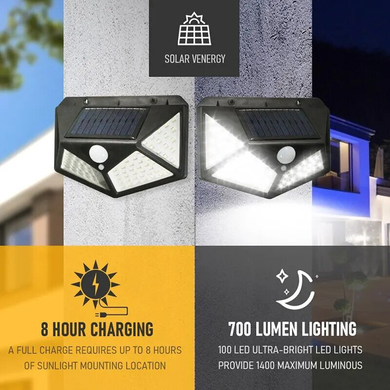 100 LED ηλιακό φωτιστικό τοίχου όλων των πλευρών Φωτεινός αισθητήρας κίνησης Ανθρώπινη επαγωγή Αυλή αδιάβροχη σκάλα Φωτιστικό τοίχου εξωτερικού χώρου