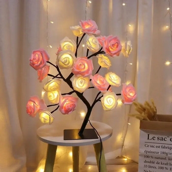 24 LED светлини за дърво с розови цветя USB настолна лампа Фея Нощна лампа от кленов лист Домашно парти Коледна сватба Украса за спалня Подарък