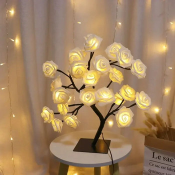 24 LED светлини за дърво с розови цветя USB настолна лампа Фея Нощна лампа от кленов лист Домашно парти Коледна сватба Украса за спалня Подарък