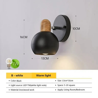 Nordijska LED zidna svjetiljka Minimalistički drveni rotirajući crno-bijeli svijećnjak za spavaće sobe Dnevne sobe Rasvjeta za radnu sobu Svjetiljka Sjaj