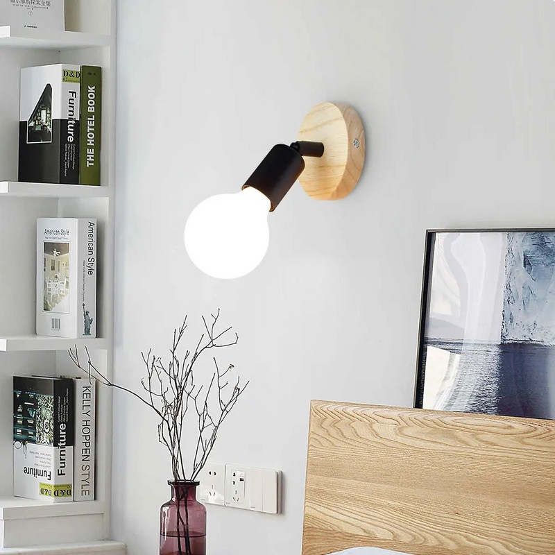Nordic Wood sieninis šviestuvas Sconce E27 Retro lovos senovinis vidaus apšvietimas Miegamojo gyvenamasis kambarys namų dekoravimui LED sieninis šviestuvas