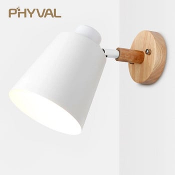 PHYVAL скандинавска стенна лампа Нощна стенна лампа Дървена стенна лампа за спалня Хол Домашно осветление E27 Macaroon Кормилна глава