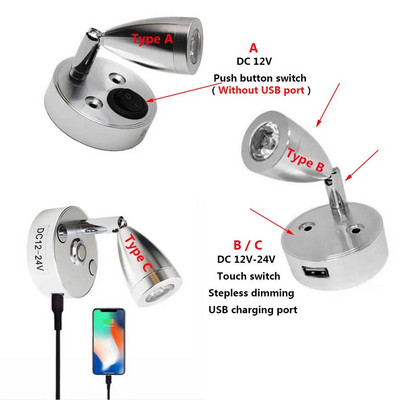 DC12V 24V LED svjetlo za čitanje čamaca za kampere Fleksibilna zidna svjetiljka za svjetla za interijer spavaće sobe s USB priključkom za punjač